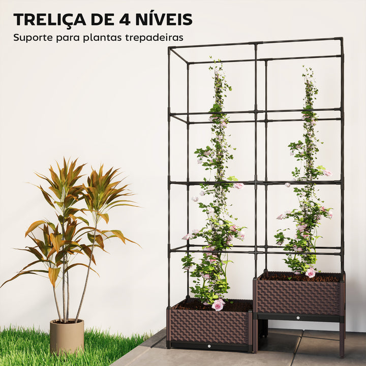 Floreira com Grade Metálica Floreira Exterior Grande para Plantas Trepadeiras 2 Caixas de PP com Orifícios de Drenagem Tampões Vaso Elevado para Jardim ou Pátio 100x50x174 cm Preto