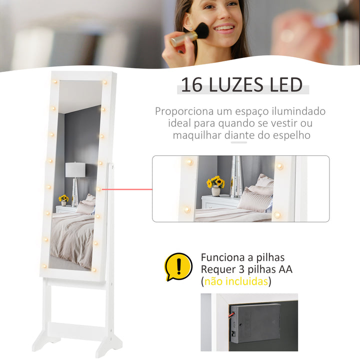 Guarda-Joias de Pé, com Espelho, Armário para Joias 16 Luzes LED Reclinável 36x30x136cm Branco