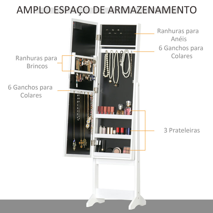 Guarda-Joias de Pé, com Espelho, Armário para Joias 16 Luzes LED Reclinável 36x30x136cm Branco