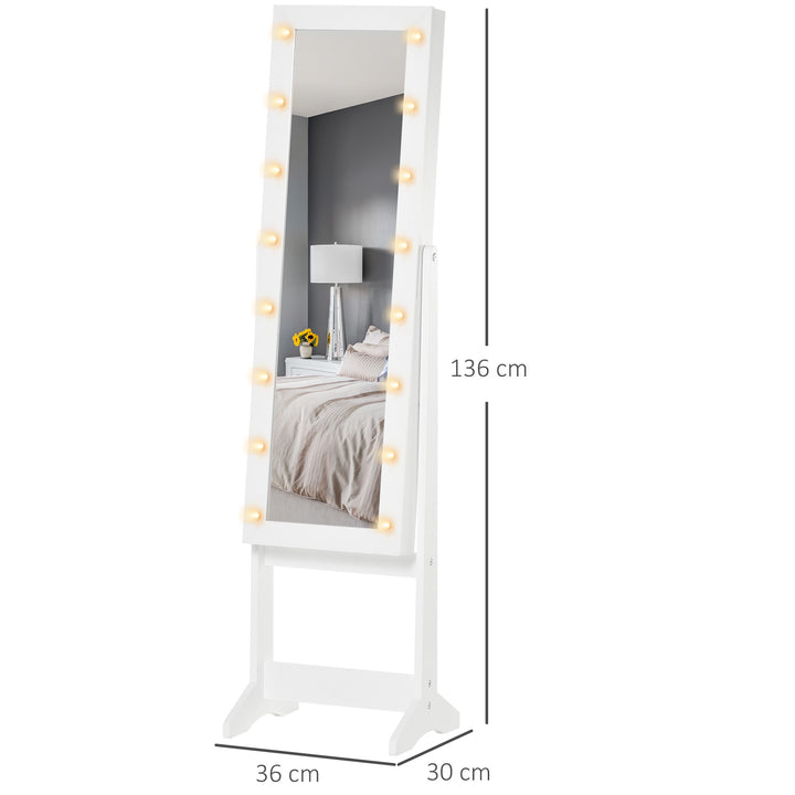 Guarda-Joias de Pé, com Espelho, Armário para Joias 16 Luzes LED Reclinável 36x30x136cm Branco