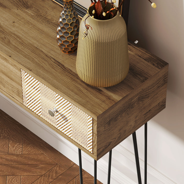 Mesa Consola com 3 Gavetas Consola Estreita para Entrada com Pés de Aço Tipo Garfo para Sala de Estar Corredor Entrada 90x30x75 cm Madeira