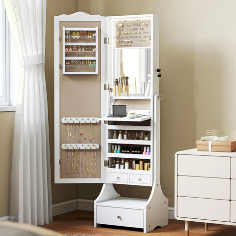 Espelho de Joias com Luzes LED Armário para Joias Armário com Espelho de Ângulo Ajustável Gavetas Mesa Interior Dobrável Fecho Luzes com Desligar Automático Branco