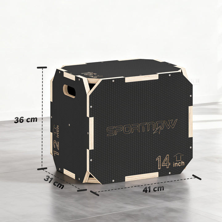 Caixa Pliométrica de Madeira 3 em 1 Plataforma de Treino com 3 Alturas Ajustáveis 41/36/31 cm Pegas Sem Cantos Saltos e Força para Casa Ginásio e Exterior Preto