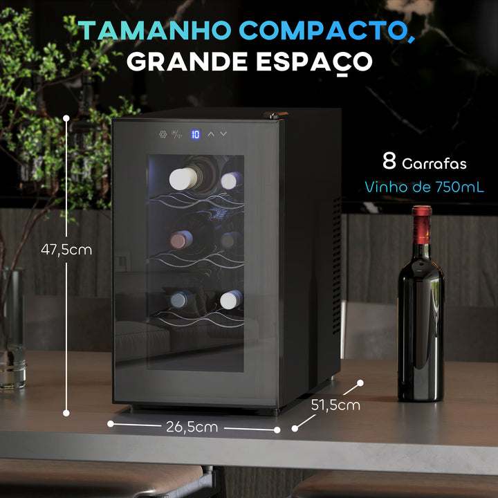 Cave para Vinhos Cave de Vinhos para 8 Garrafas com Refrigeração Termoelétrica Dupla Temperatura Ajustável 8-18? Porta de Vidro Anti-UV Ecrã LED Tátil Luz Interior 26,5x51,5x47,5 cm Preto