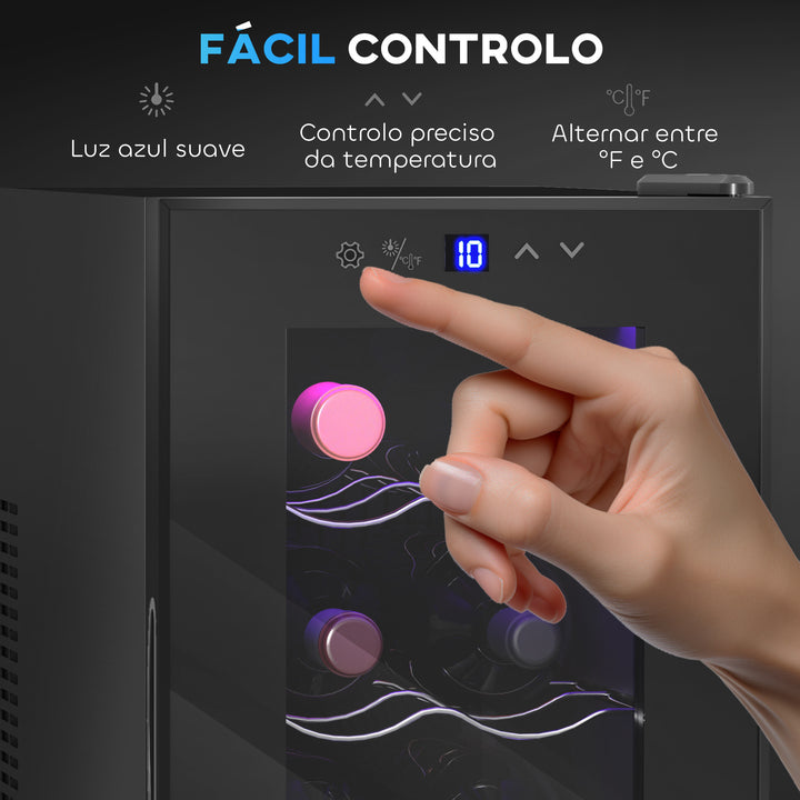 Cave para Vinhos Cave de Vinhos para 8 Garrafas com Refrigeração Termoelétrica Dupla Temperatura Ajustável 8-18? Porta de Vidro Anti-UV Ecrã LED Tátil Luz Interior 26,5x51,5x47,5 cm Preto