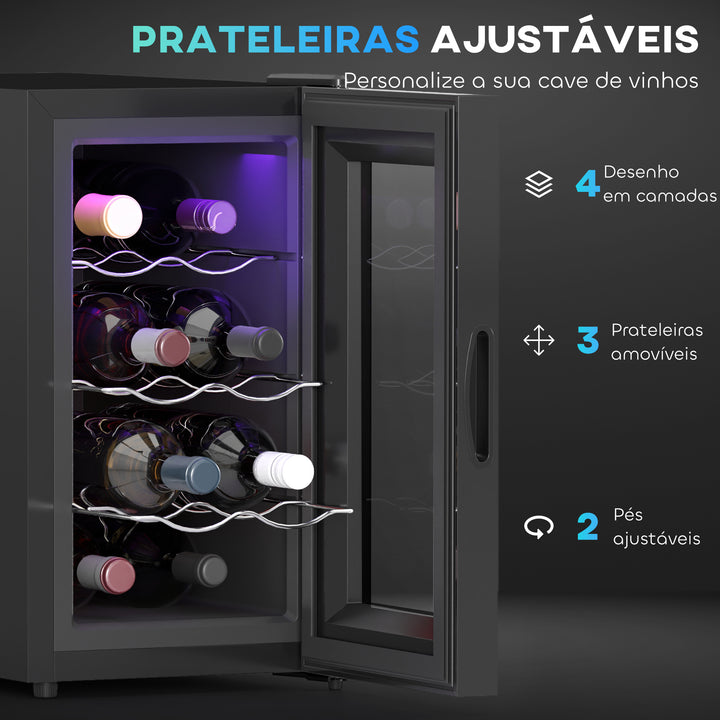 Cave para Vinhos Cave de Vinhos para 8 Garrafas com Refrigeração Termoelétrica Dupla Temperatura Ajustável 8-18? Porta de Vidro Anti-UV Ecrã LED Tátil Luz Interior 26,5x51,5x47,5 cm Preto