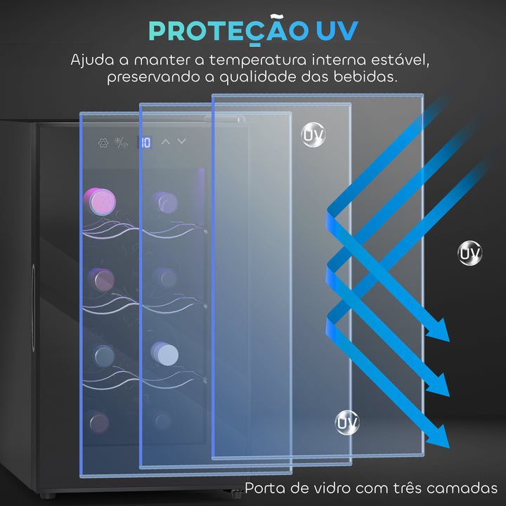 Cave para Vinhos Cave de Vinhos para 8 Garrafas com Refrigeração Termoelétrica Dupla Temperatura Ajustável 8-18? Porta de Vidro Anti-UV Ecrã LED Tátil Luz Interior 26,5x51,5x47,5 cm Preto