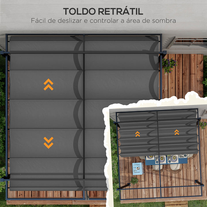 Pérgola 3x4 Pérgola de Jardim com Teto Retrátil de Poliéster e 12 Orifícios de Drenagem Pérgola para Pátio Varanda Exterior Cinza