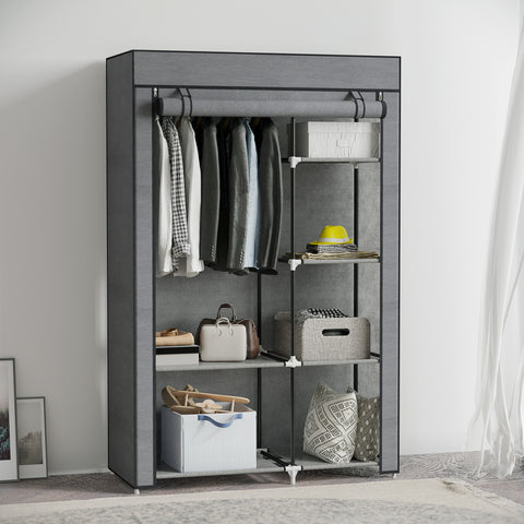 Roupeiro de Tecido Dobrável Armário de Roupa Portátil com 6 Prateleiras e 1 Barra de Pendurar para Dormitório Vestidor 103x43x162,5 cm Cinzento