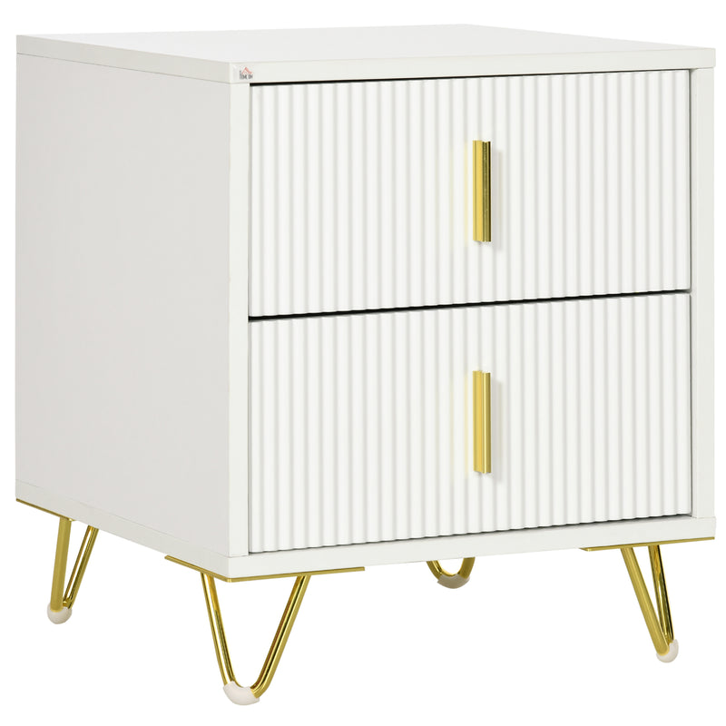 Mesa de Cabeceira com 2 Gavetas Mesa Auxiliar com Pés de Metal para Sala de Estar Dormitório Carga Máxima 40 kg 40x40x47 cm Branco e Dourado