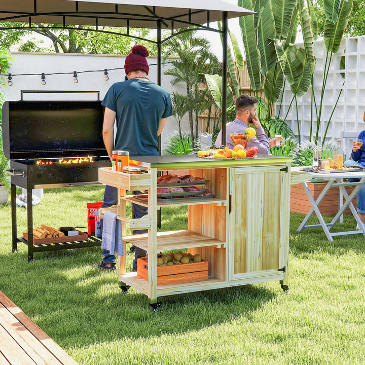 Carrinho de Barbecue de Madeira Carrinho de Serviço com 4 Rodas Prateleiras Armário Bancada de Aço Inoxidável Toalheiro e Especieiro para Jardim Pátio 134,5x50x91,5 cm Madeira