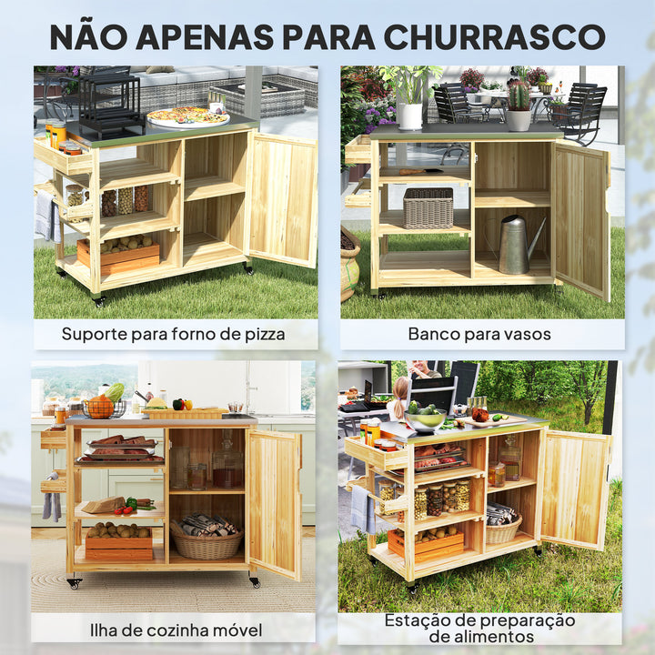 Carrinho de Barbecue de Madeira Carrinho de Serviço com 4 Rodas Prateleiras Armário Bancada de Aço Inoxidável Toalheiro e Especieiro para Jardim Pátio 134,5x50x91,5 cm Madeira