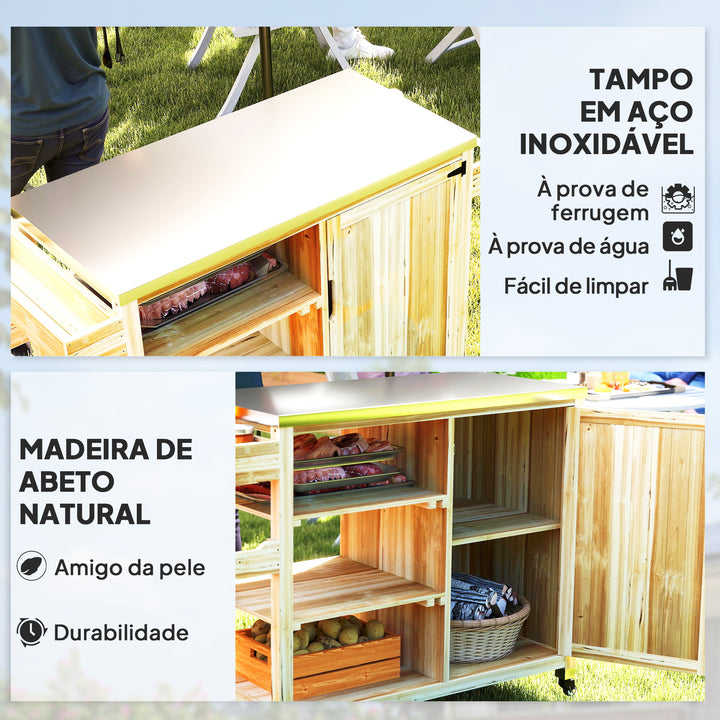 Carrinho de Barbecue de Madeira Carrinho de Serviço com 4 Rodas Prateleiras Armário Bancada de Aço Inoxidável Toalheiro e Especieiro para Jardim Pátio 134,5x50x91,5 cm Madeira
