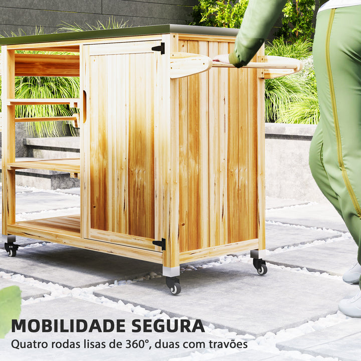 Carrinho de Barbecue de Madeira Carrinho de Serviço com 4 Rodas Prateleiras Armário Bancada de Aço Inoxidável Toalheiro e Especieiro para Jardim Pátio 134,5x50x91,5 cm Madeira