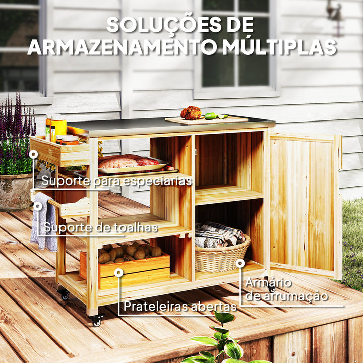 Carrinho de Barbecue de Madeira Carrinho de Serviço com 4 Rodas Prateleiras Armário Bancada de Aço Inoxidável Toalheiro e Especieiro para Jardim Pátio 134,5x50x91,5 cm Madeira