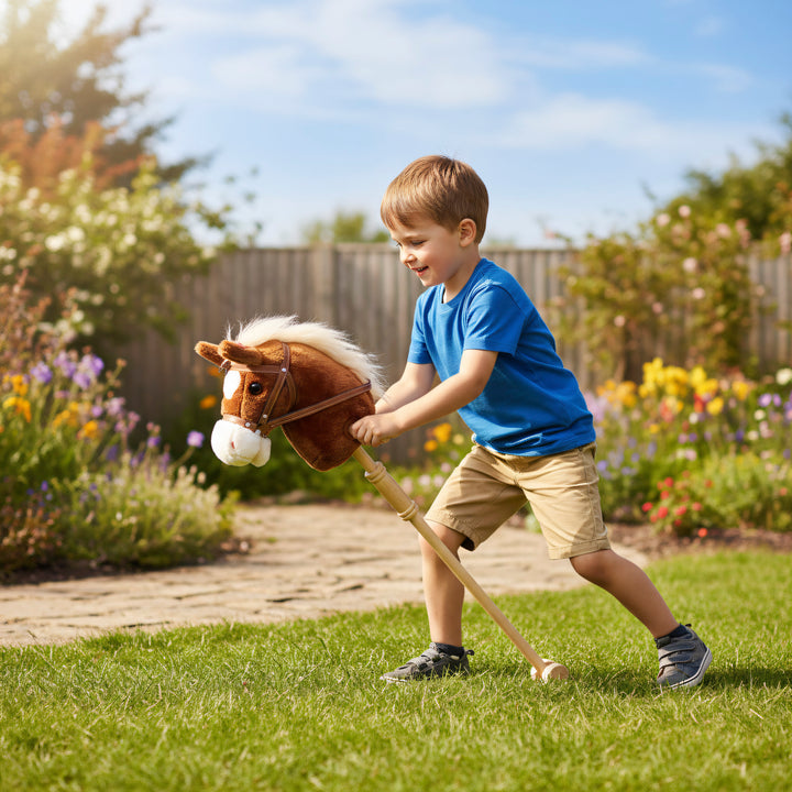 Cavalo com Pau de Madeira Sons e Rodas Cavalo de Brinquedo 95x25x27 cm Castanho