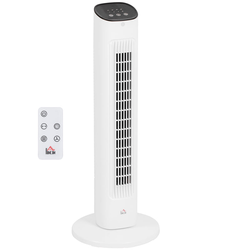 Ventoinha de Coluna 50W com Controlo Remoto Ventoinha Silenciosa com 3 Velocidades Temporizador 15h Oscilação 85° Ecrã LED 30x30x78 cm Branco