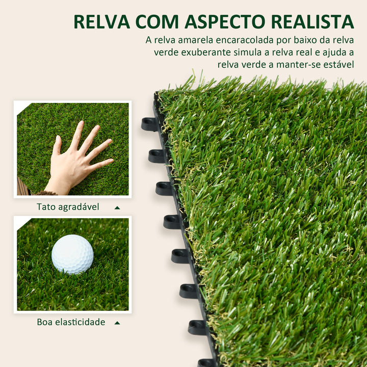 Relva Artificial de 10 Peças Estrado de Relva Sintética 30x30 cm Altura 20 mm Resistente aos Raios UV Relva Artificial para Jardim Pátio e Varanda Verde Escuro