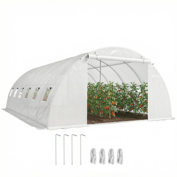 Estufa de Exterior 6x4x2 m, Estufa Tipo Túnel com 2 Barras de Suporte, Portas Enroláveis, Janelas com Rede, Cobertura de PE e Estrutura de Aço Galvanizado, Anti-UV, Impermeável, Branco