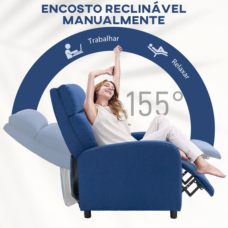 Poltrona Relax Reclinável até 155° Poltrona Reclinável Manual Estofado em Tecido Carga Máxima 150 kg para Pessoas com Altura Inferior 195 cm 67x87x98 cm Azul Escuro