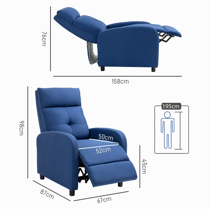 Poltrona Relax Reclinável até 155° Poltrona Reclinável Manual Estofado em Tecido Carga Máxima 150 kg para Pessoas com Altura Inferior 195 cm 67x87x98 cm Azul Escuro