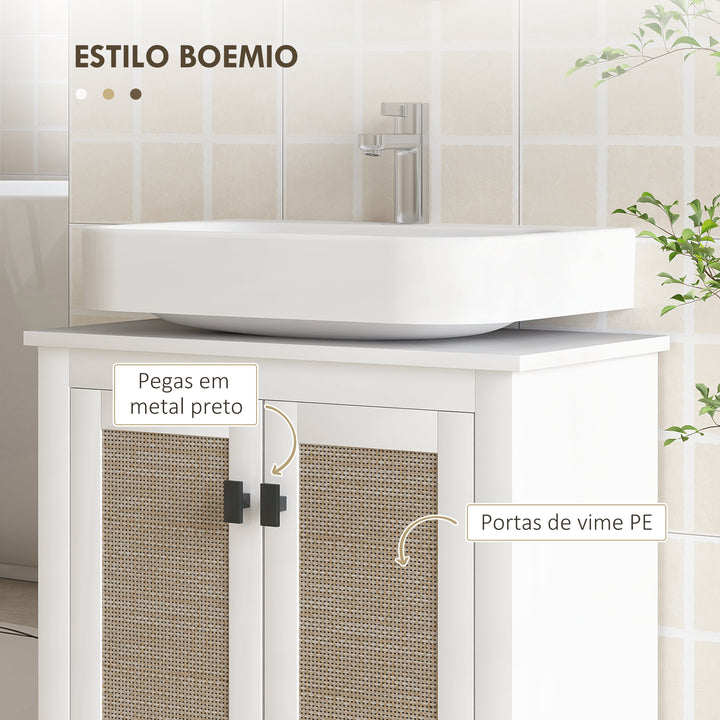 Móvel para Lavatório Pousar Armário Casa de Banho com 2 Portas de Vime PE 2 Prateleiras e Sistema Anti-Tombo para Casa de Banho 60x30x30 cm Branco