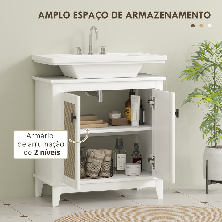 Móvel para Lavatório Pousar Armário Casa de Banho com 2 Portas de Vime PE 2 Prateleiras e Sistema Anti-Tombo para Casa de Banho 60x30x30 cm Branco