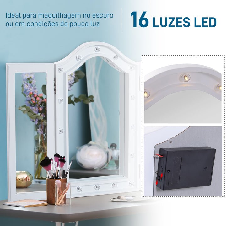Espelho de Maquilhagem com Luz LED Dobrável Espelho Triplo de Mesa Presente Original para Mulher, 73x53,5x4,5cm