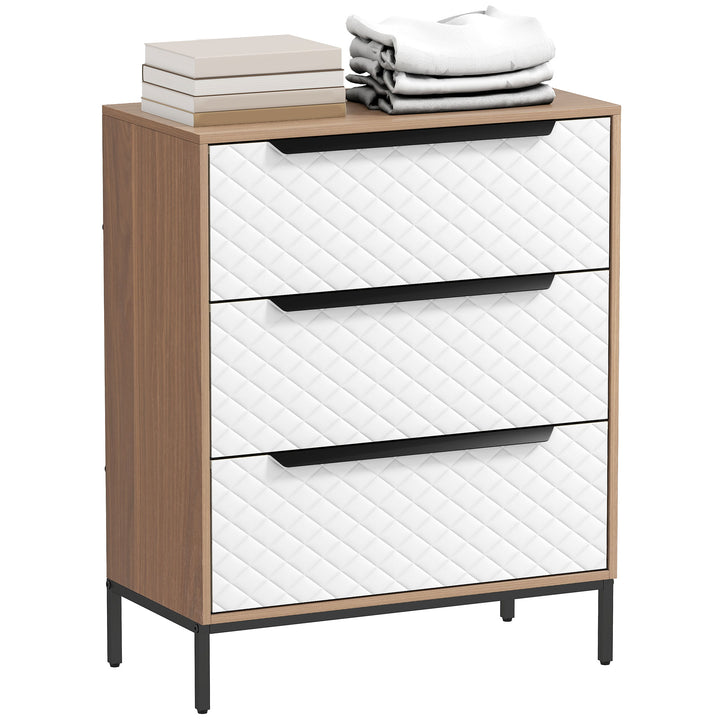 Cómoda com 3 Gavetas de Tecido Cómoda para Quarto Frentes com Padrão de Diamante Móvel de Arrumação para Sala de Estar Escritório Closet 59,5x30x73,5 cm Madeira e Branco