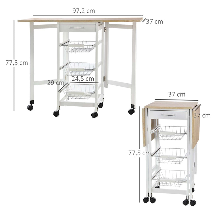 Carrinho de Cozinha Dobrável Carrinho Auxiliar com Rodas 1 Gaveta e 3 Cestos de Metal Carrinho de Serviço Multifuncional para Armazenamento Carga 50 kg 97,2x37x77,5 cm Branco e Madeira