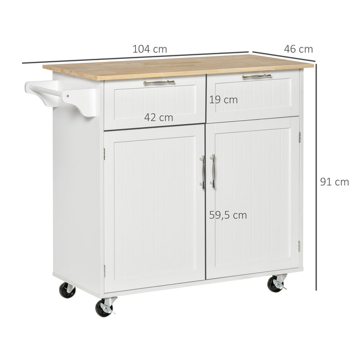 Carrinho de Cozinha com Rodas Móvel Auxiliar de Cozinha com 2 Gavetas 2 Portas Prateleira Ajustável e Suporte para Guardanapos para Sala de Jantar Sala de Estar 104x46x91 cm Branco