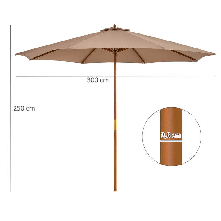 Chapéu de Sol de Jardim Ø300x250 cm com Sistema de Poleia Teto Ventilado e Mastro Desmontável de Madeira para Terraço Pátio Exterior Caqui