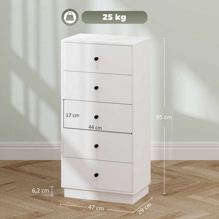 Cómoda com 5 Gavetas Cómoda de Quarto Estreita com Anti-Tombo Gaveteiro Alto para Sala de Estar Corredor 47x29x95 cm Branco