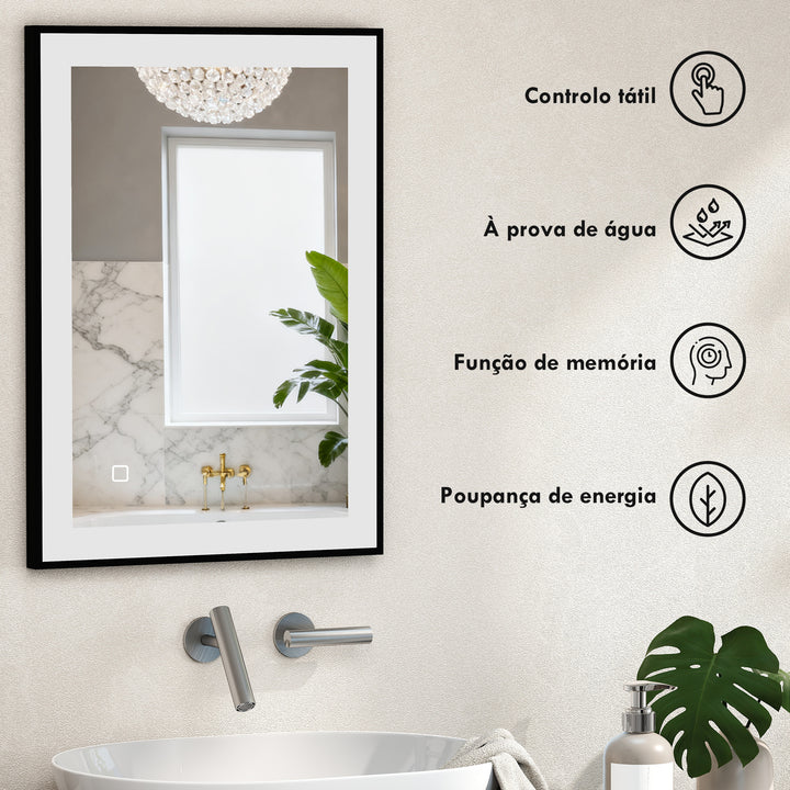 Espelho Casa de Banho com Luz LED 70x50 cm Espelho de Parede com Iluminação Ajustável Função Anti-Embaciamento Função Memória e Estrutura de Liga de Alumínio Preto