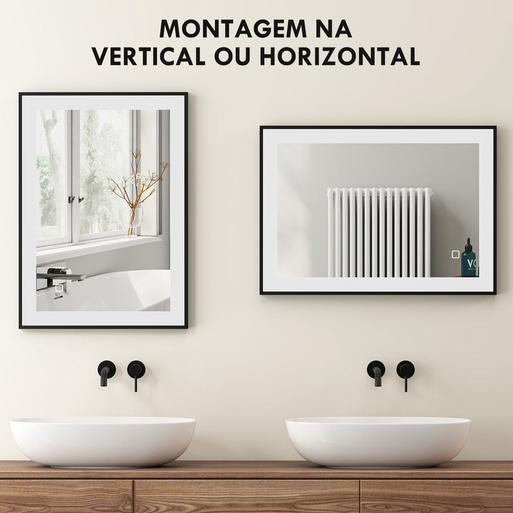 Espelho Casa de Banho com Luz LED 70x50 cm Espelho de Parede com Iluminação Ajustável Função Anti-Embaciamento Função Memória e Estrutura de Liga de Alumínio Preto