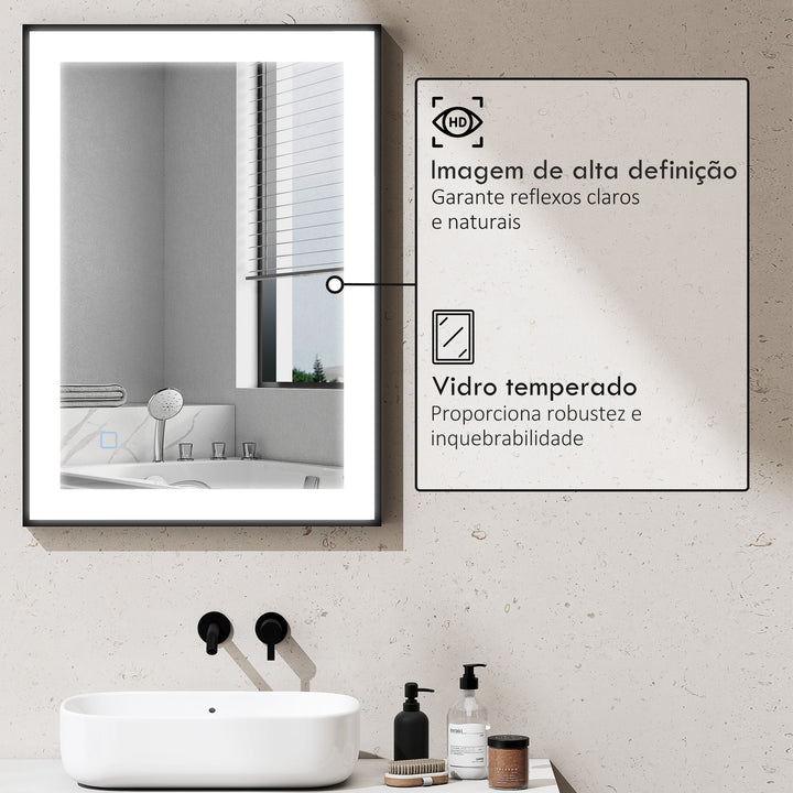 Espelho Casa de Banho com Luz LED 70x50 cm Espelho de Parede com Iluminação Ajustável Função Anti-Embaciamento Função Memória e Estrutura de Liga de Alumínio Preto