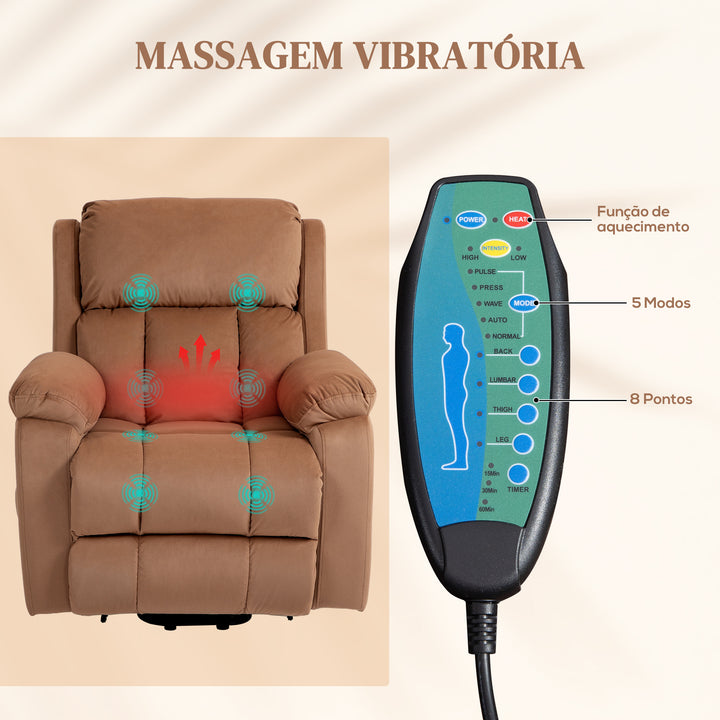 Poltrona Relax Levanta Pessoas Elétrica Poltrona Elevatória com 8 Pontos de Massagem Poltrona Reclinável com Função de Aquecimento Controlo Remoto e Bolso Lateral Marrom