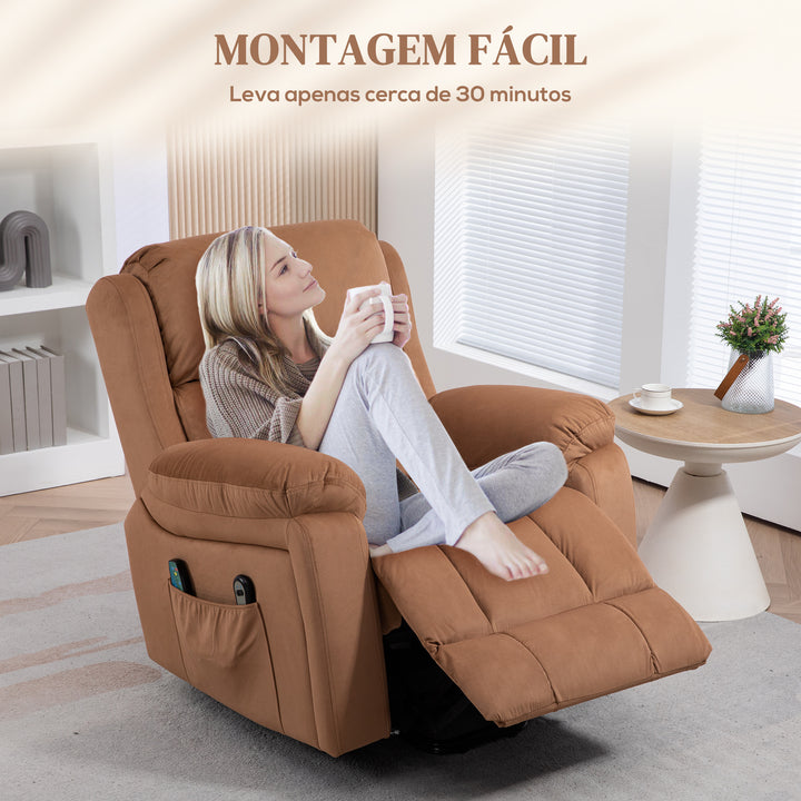 Poltrona Relax Levanta Pessoas Elétrica Poltrona Elevatória com 8 Pontos de Massagem Poltrona Reclinável com Função de Aquecimento Controlo Remoto e Bolso Lateral Marrom