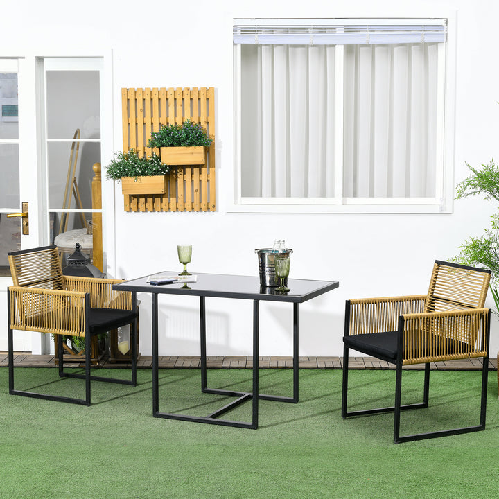 Conjunto de Mesa e Cadeiras de Jardim Conjunto de 3 Peças com 2 Cadeiras com Encosto Dobrável e Almofadas e Mesa de Vidro para Terraço Pátio Natural e Preto