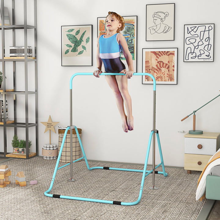 Barra de Ginástica Artística Barra Horizontal Dobrável com Altura Ajustável Equipamento de Ginástica para Treino em Casa para Crianças 154x106,2x88,5-128,5 cm Azul Celeste