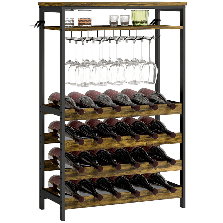Suporte para Vinho para 24 Garrafas Suporte para Garrafas de Vinho Estilo Industrial com Suporte para Copos e Prateleira Aberta para Sala de Estar Sala de Jantar 66x30x100,3 cm Castanho Rústico