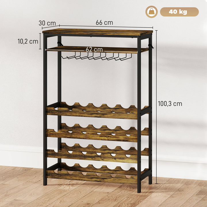 Suporte para Vinho para 24 Garrafas Suporte para Garrafas de Vinho Estilo Industrial com Suporte para Copos e Prateleira Aberta para Sala de Estar Sala de Jantar 66x30x100,3 cm Castanho Rústico