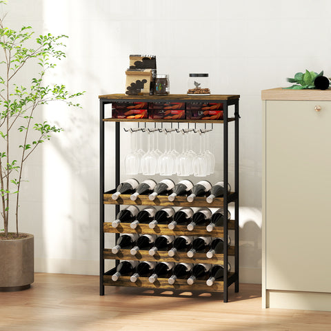 Suporte para Vinho para 24 Garrafas Suporte para Garrafas de Vinho Estilo Industrial com Suporte para Copos e Prateleira Aberta para Sala de Estar Sala de Jantar 66x30x100,3 cm Castanho Rústico
