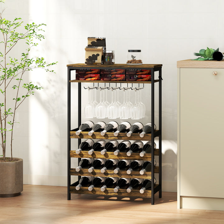 Suporte para Vinho para 24 Garrafas Suporte para Garrafas de Vinho Estilo Industrial com Suporte para Copos e Prateleira Aberta para Sala de Estar Sala de Jantar 66x30x100,3 cm Castanho Rústico