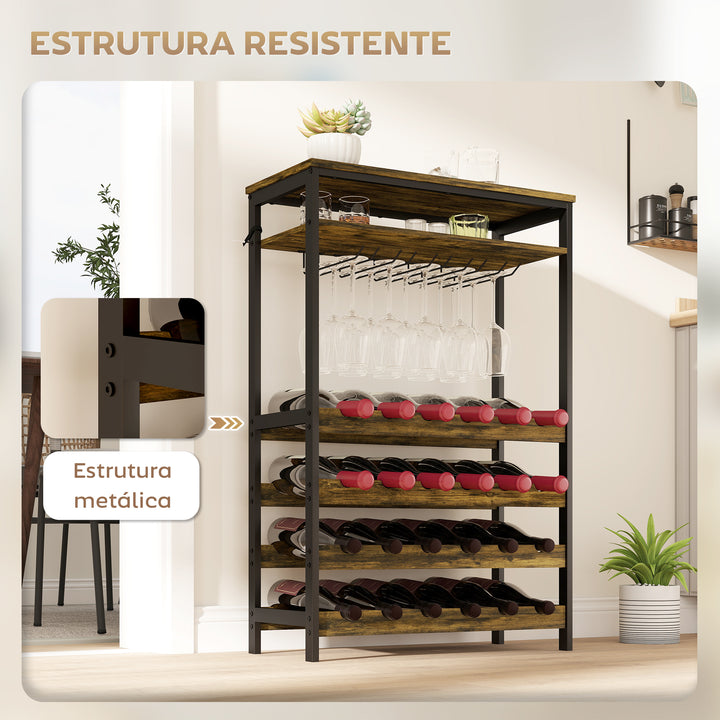 Suporte para Vinho para 24 Garrafas Suporte para Garrafas de Vinho Estilo Industrial com Suporte para Copos e Prateleira Aberta para Sala de Estar Sala de Jantar 66x30x100,3 cm Castanho Rústico