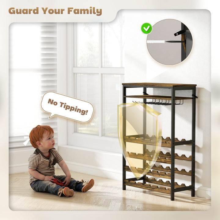 Suporte para Vinho para 24 Garrafas Suporte para Garrafas de Vinho Estilo Industrial com Suporte para Copos e Prateleira Aberta para Sala de Estar Sala de Jantar 66x30x100,3 cm Castanho Rústico