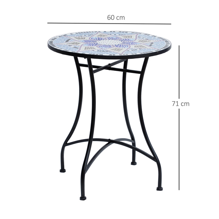 Mesa de Jardim Redonda Mesa de Varanda Ø60x71 cm com Bancada em Mosaico Decorativa Carga 100 kg Mesa de Exterior Pátio Azul e Branco