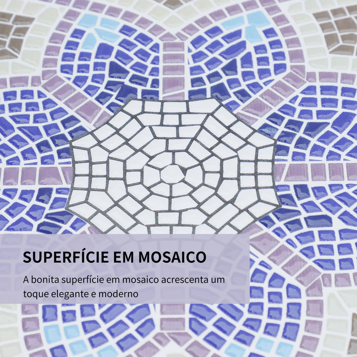 Mesa de Jardim Redonda Mesa de Varanda Ø60x71 cm com Bancada em Mosaico Decorativa Carga 100 kg Mesa de Exterior Pátio Azul e Branco