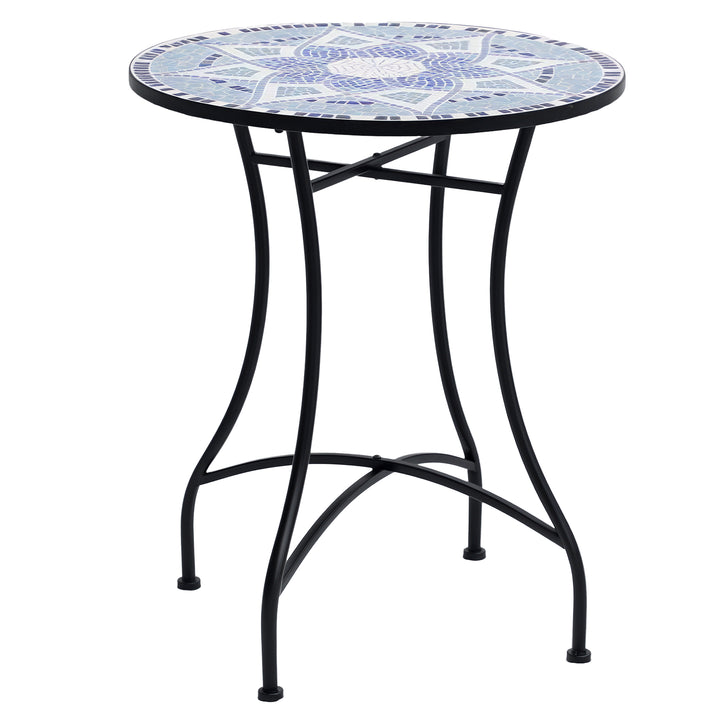 Mesa de Jardim Redonda Mesa de Varanda Ø60x71 cm com Bancada em Mosaico Decorativa Carga 100 kg Mesa de Exterior Pátio Azul e Branco