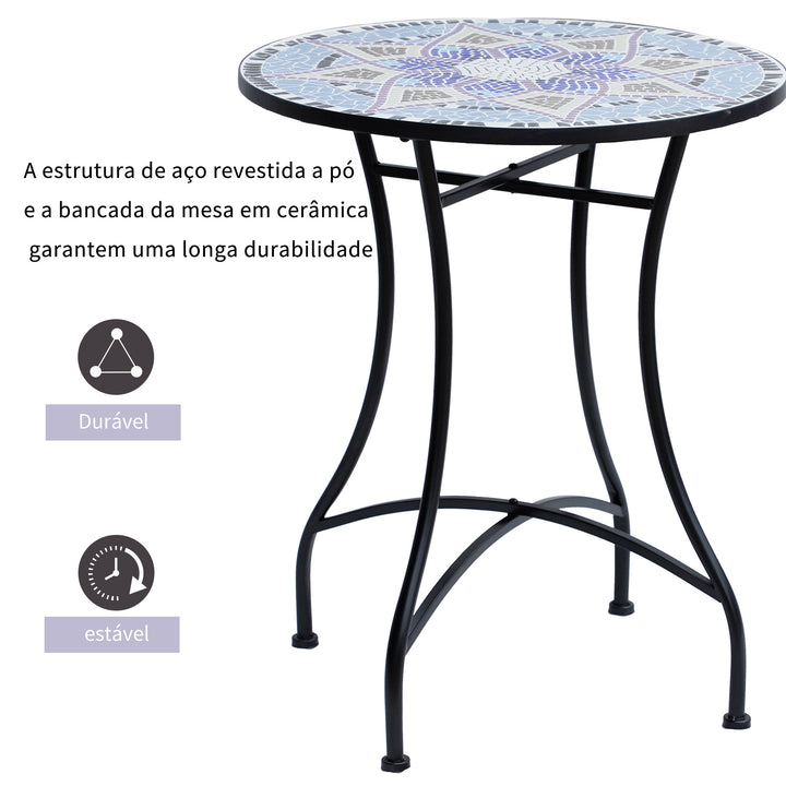 Mesa de Jardim Redonda Mesa de Varanda Ø60x71 cm com Bancada em Mosaico Decorativa Carga 100 kg Mesa de Exterior Pátio Azul e Branco